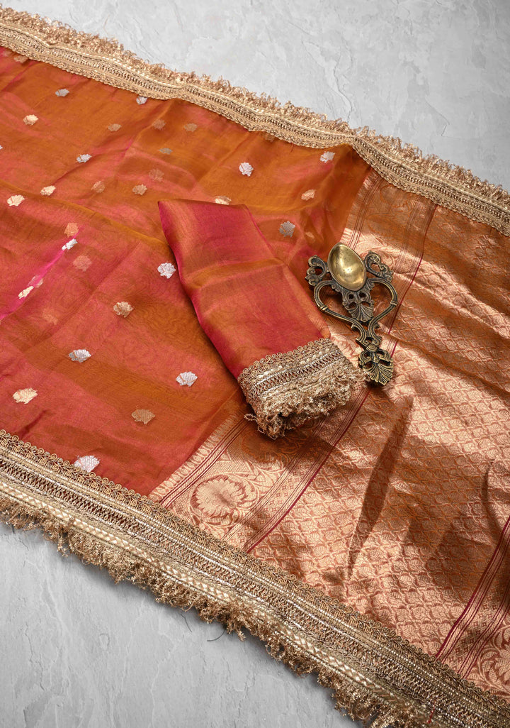 Orange Dual tone Organza Silk Saree with Sona Rupa Zari Buttas and Lace Trim Border | SILK MARK CERTIFIED