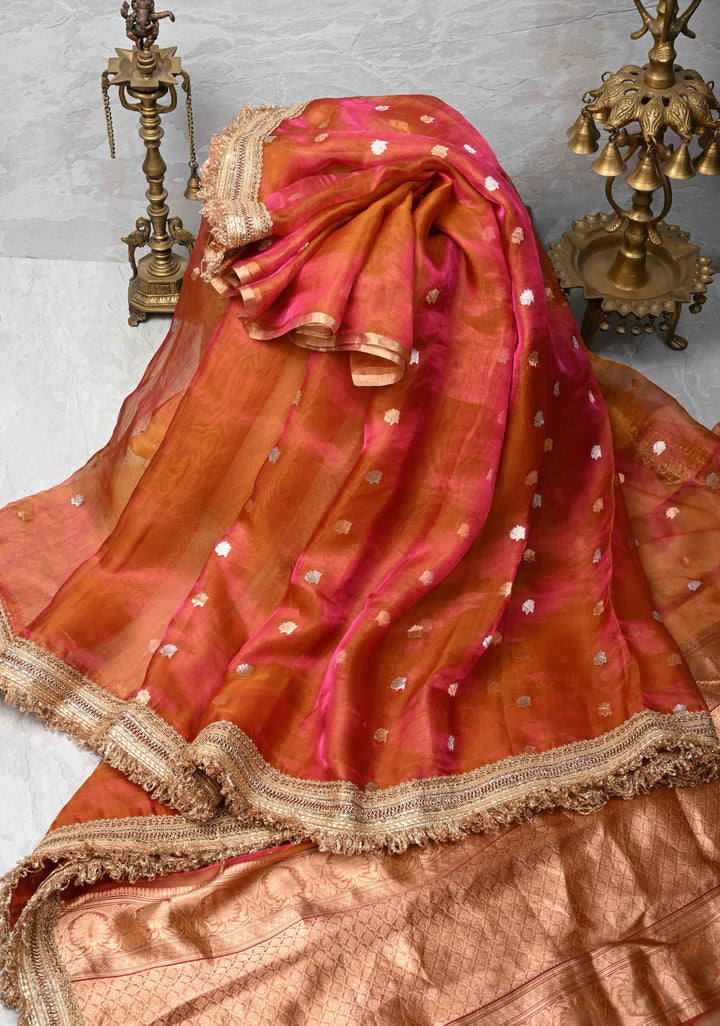 Orange Dual tone Organza Silk Saree with Sona Rupa Zari Buttas and Lace Trim Border | SILK MARK CERTIFIED