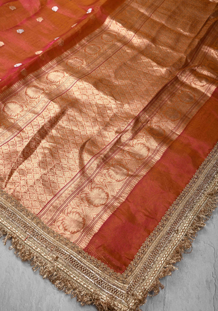 Orange Dual tone Organza Silk Saree with Sona Rupa Zari Buttas and Lace Trim Border | SILK MARK CERTIFIED