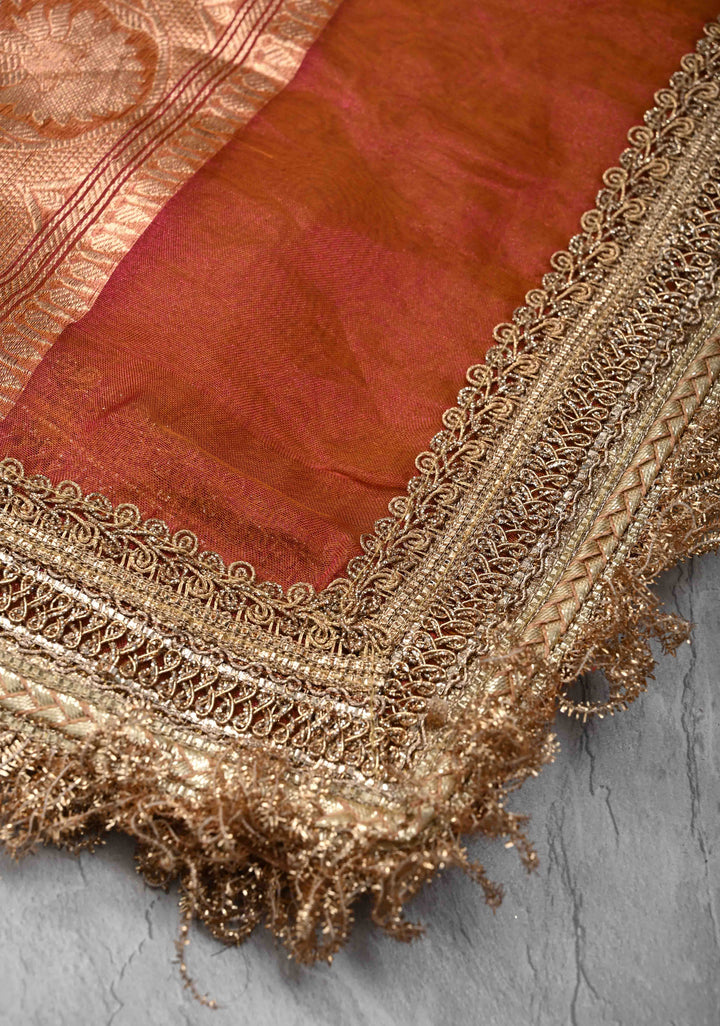 Orange Dual tone Organza Silk Saree with Sona Rupa Zari Buttas and Lace Trim Border | SILK MARK CERTIFIED