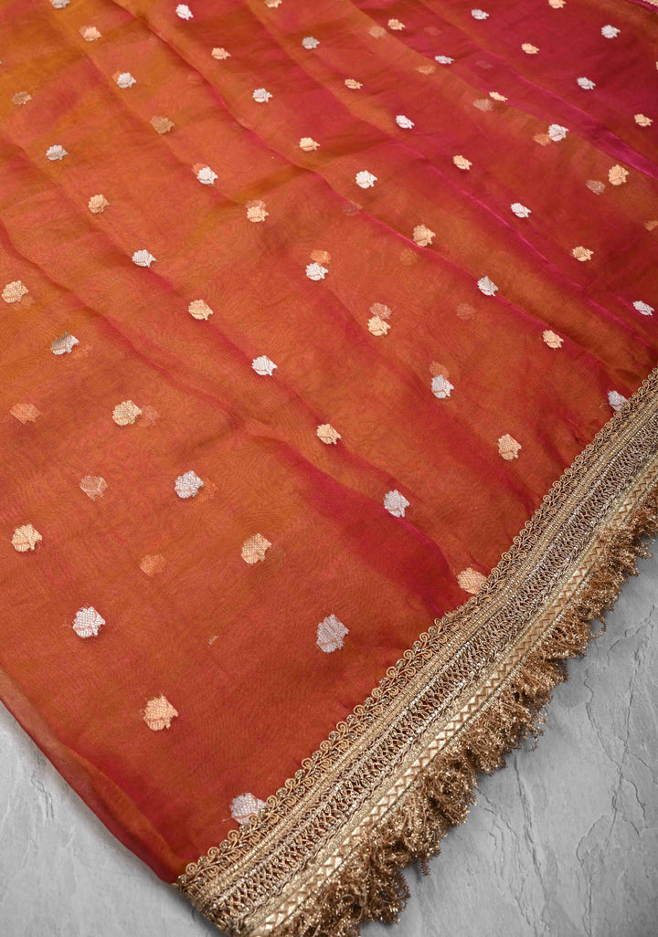 Orange Dual tone Organza Silk Saree with Sona Rupa Zari Buttas and Lace Trim Border | SILK MARK CERTIFIED