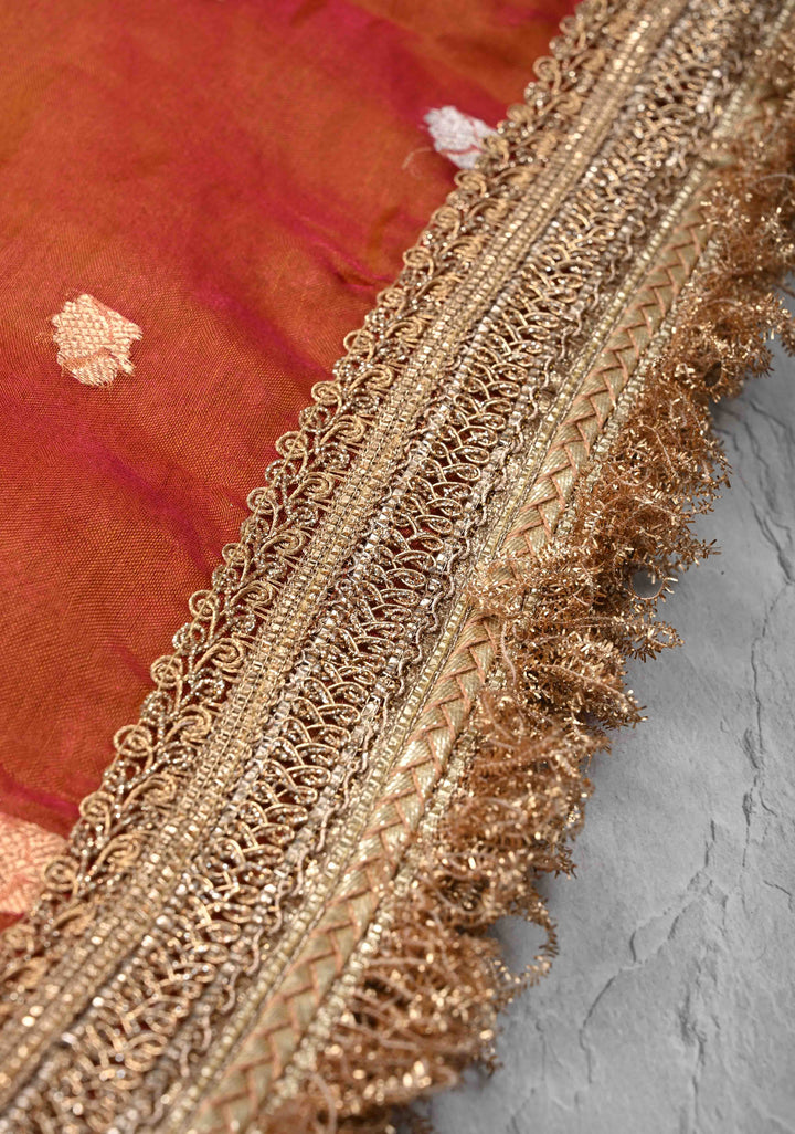Orange Dual tone Organza Silk Saree with Sona Rupa Zari Buttas and Lace Trim Border | SILK MARK CERTIFIED