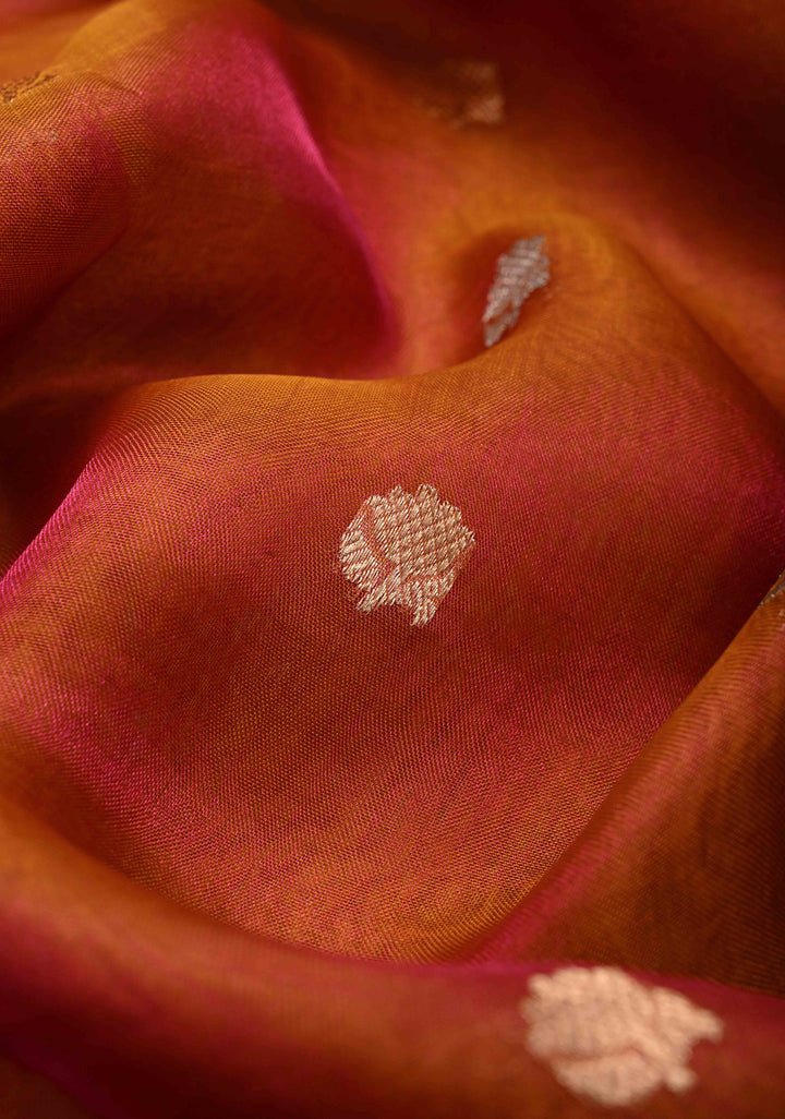 Orange Dual tone Organza Silk Saree with Sona Rupa Zari Buttas and Lace Trim Border | SILK MARK CERTIFIED