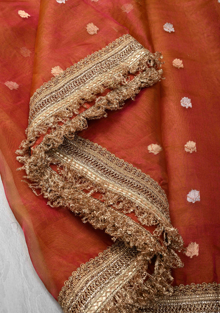 Orange Dual tone Organza Silk Saree with Sona Rupa Zari Buttas and Lace Trim Border | SILK MARK CERTIFIED