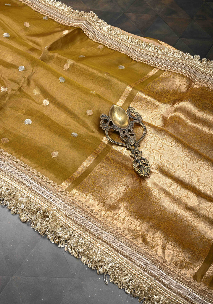 Ochre Organza Silk Saree with Sona Rupa Zari Buttas and Fancy Lace Trim Border | SILK MARK CERTIFIED