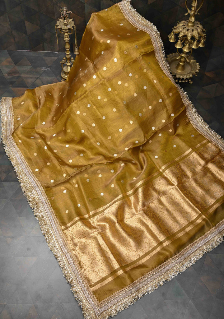 Ochre Organza Silk Saree with Sona Rupa Zari Buttas and Fancy Lace Trim Border | SILK MARK CERTIFIED