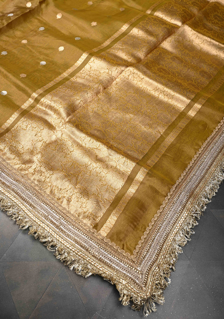 Ochre Organza Silk Saree with Sona Rupa Zari Buttas and Fancy Lace Trim Border | SILK MARK CERTIFIED