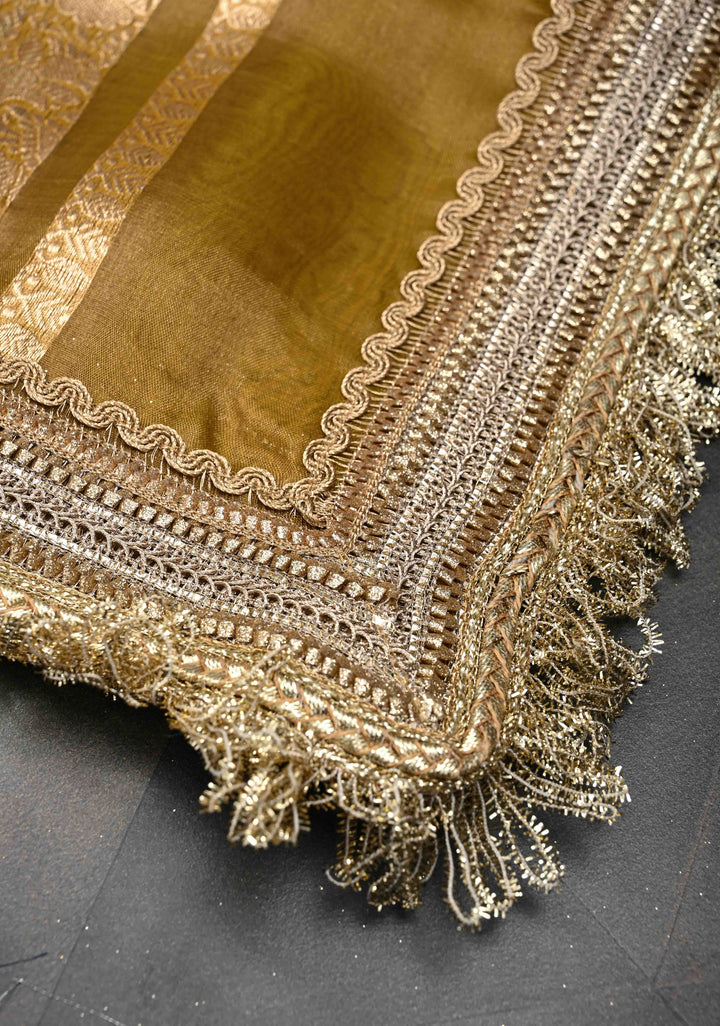 Ochre Organza Silk Saree with Sona Rupa Zari Buttas and Fancy Lace Trim Border | SILK MARK CERTIFIED