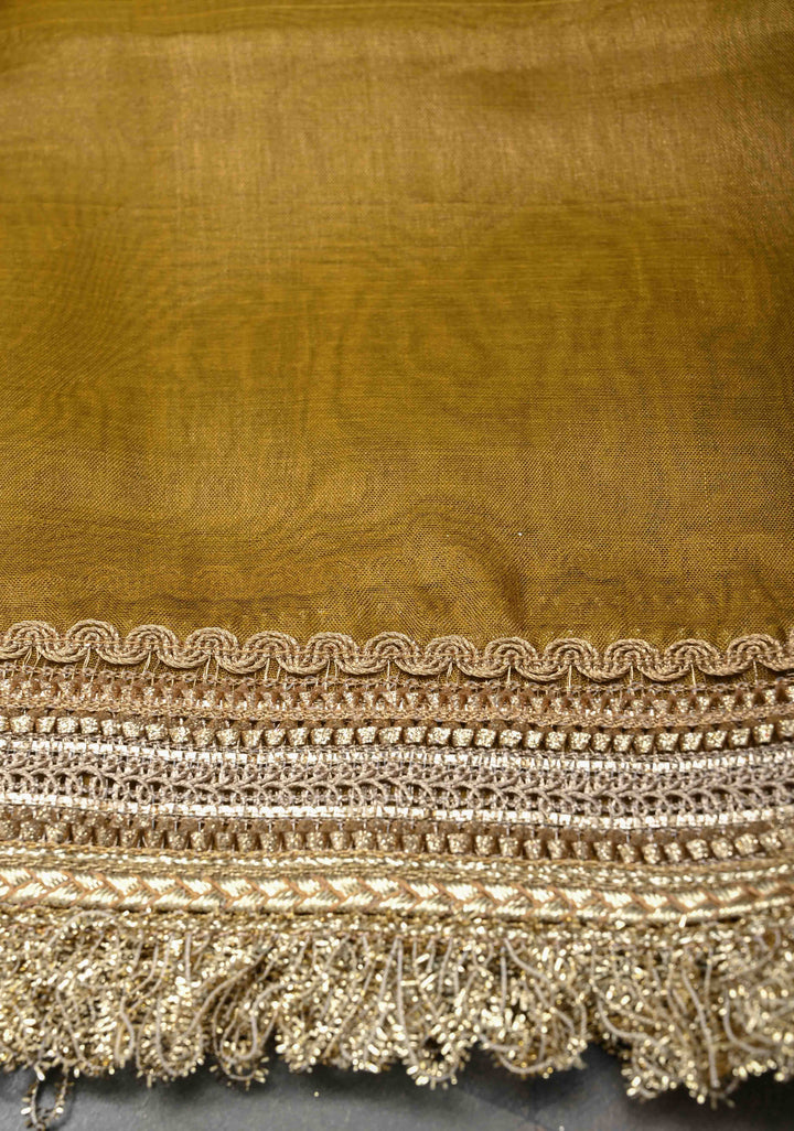 Ochre Organza Silk Saree with Sona Rupa Zari Buttas and Fancy Lace Trim Border | SILK MARK CERTIFIED