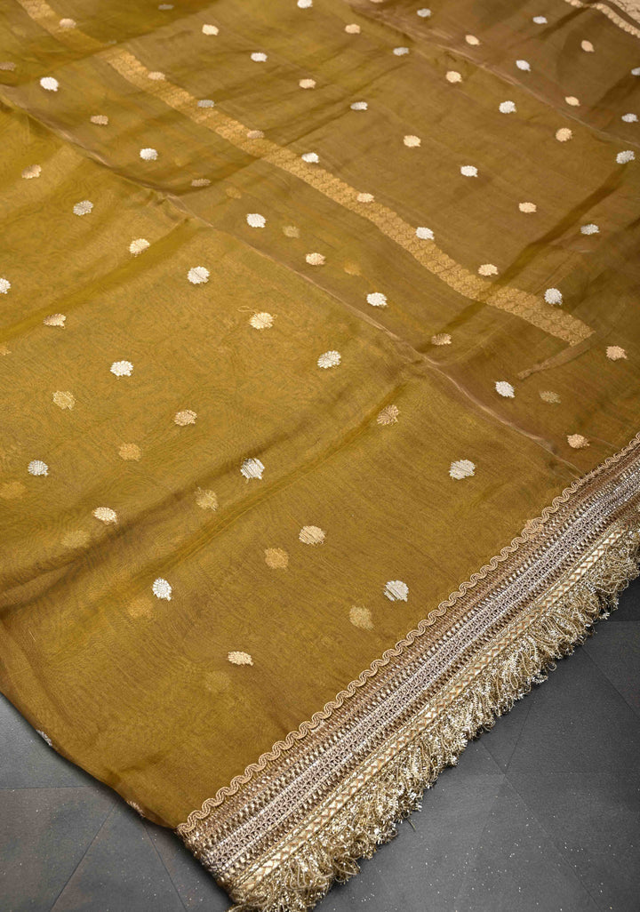 Ochre Organza Silk Saree with Sona Rupa Zari Buttas and Fancy Lace Trim Border | SILK MARK CERTIFIED