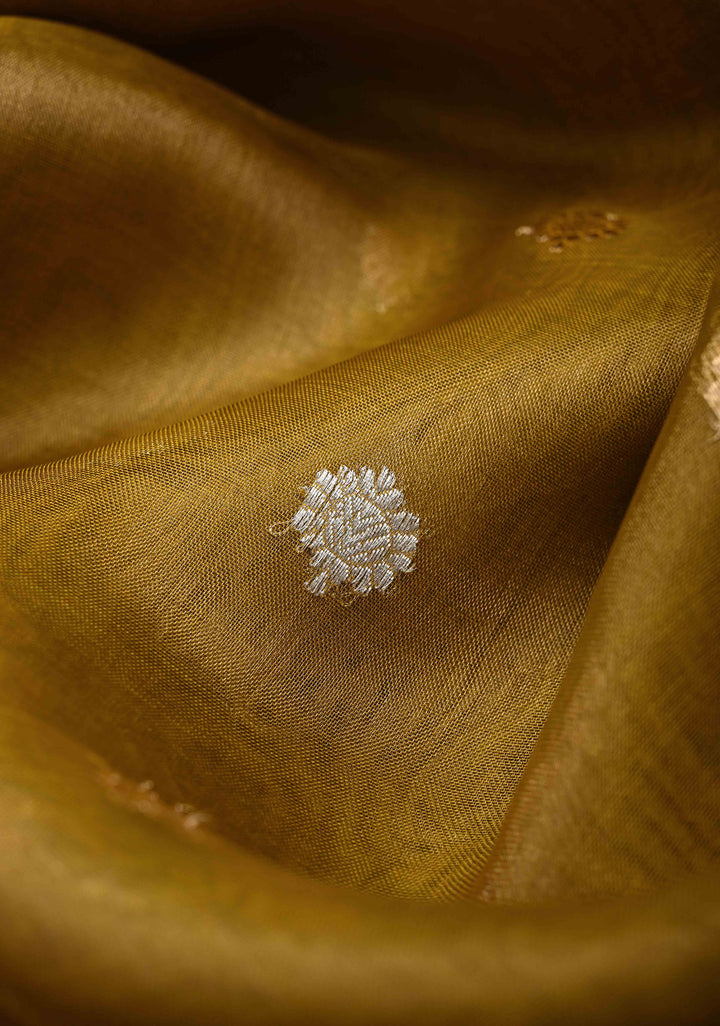 Ochre Organza Silk Saree with Sona Rupa Zari Buttas and Fancy Lace Trim Border | SILK MARK CERTIFIED