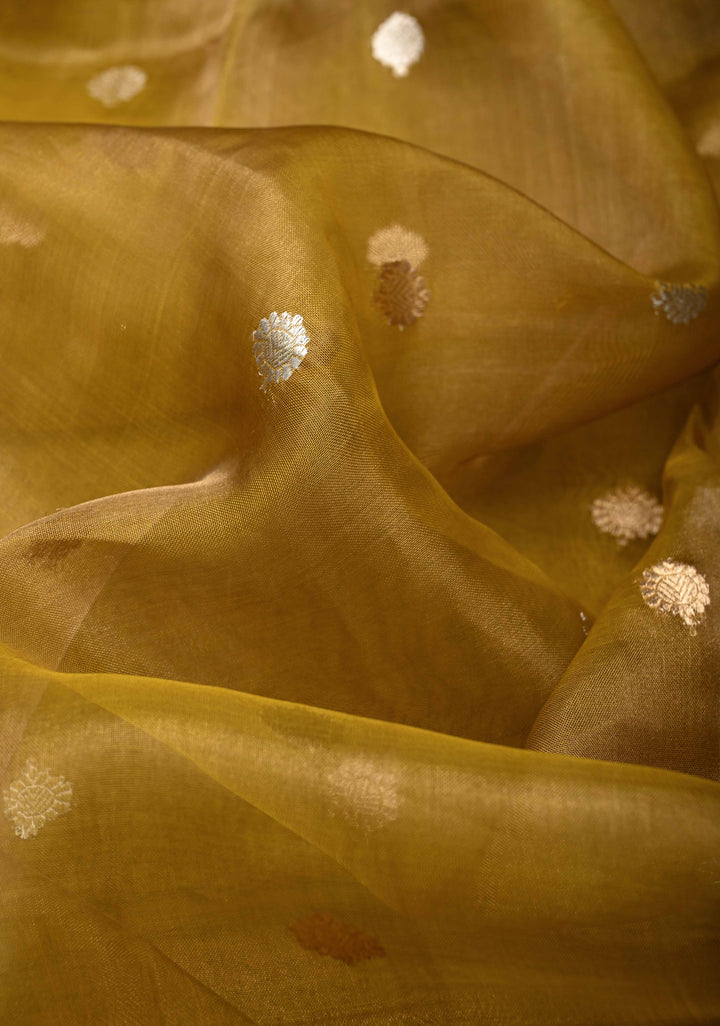 Ochre Organza Silk Saree with Sona Rupa Zari Buttas and Fancy Lace Trim Border | SILK MARK CERTIFIED