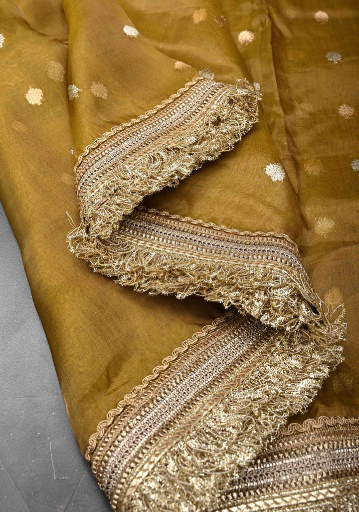 Ochre Organza Silk Saree with Sona Rupa Zari Buttas and Fancy Lace Trim Border | SILK MARK CERTIFIED