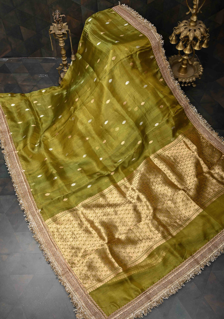 Deep Olive Green Organza Silk Saree with Sona Rupa Zari Buttas and Fancy Lace Trim Border | SILK MARK CERTIFIED