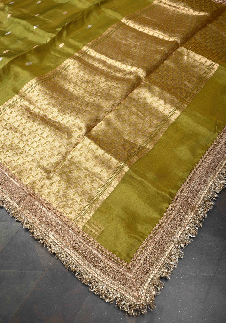 Deep Olive Green Organza Silk Saree with Sona Rupa Zari Buttas and Fancy Lace Trim Border | SILK MARK CERTIFIED