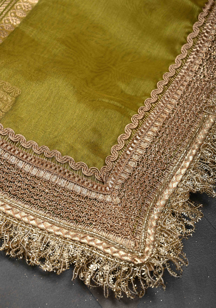 Deep Olive Green Organza Silk Saree with Sona Rupa Zari Buttas and Fancy Lace Trim Border | SILK MARK CERTIFIED