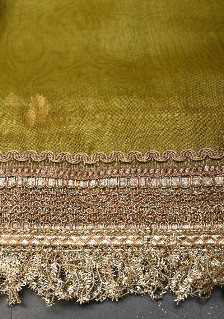 Deep Olive Green Organza Silk Saree with Sona Rupa Zari Buttas and Fancy Lace Trim Border | SILK MARK CERTIFIED