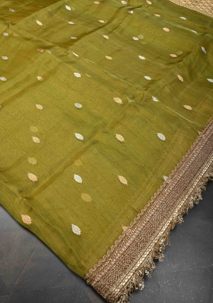 Deep Olive Green Organza Silk Saree with Sona Rupa Zari Buttas and Fancy Lace Trim Border | SILK MARK CERTIFIED