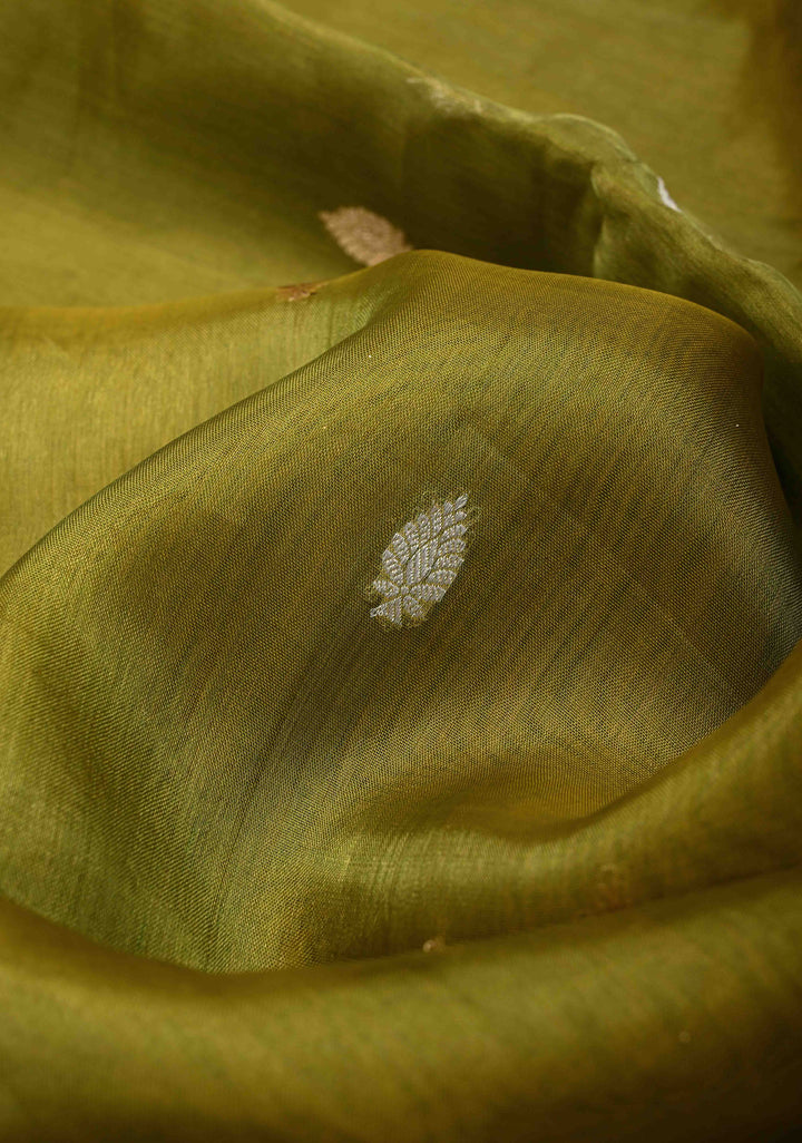 Deep Olive Green Organza Silk Saree with Sona Rupa Zari Buttas and Fancy Lace Trim Border | SILK MARK CERTIFIED