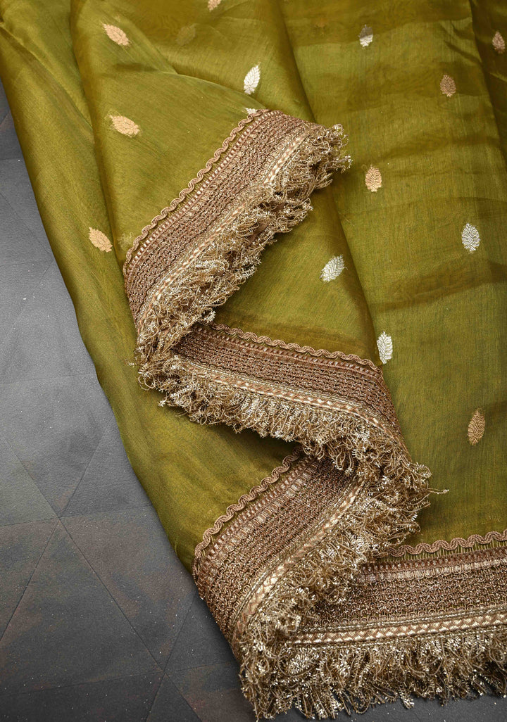 Deep Olive Green Organza Silk Saree with Sona Rupa Zari Buttas and Fancy Lace Trim Border | SILK MARK CERTIFIED