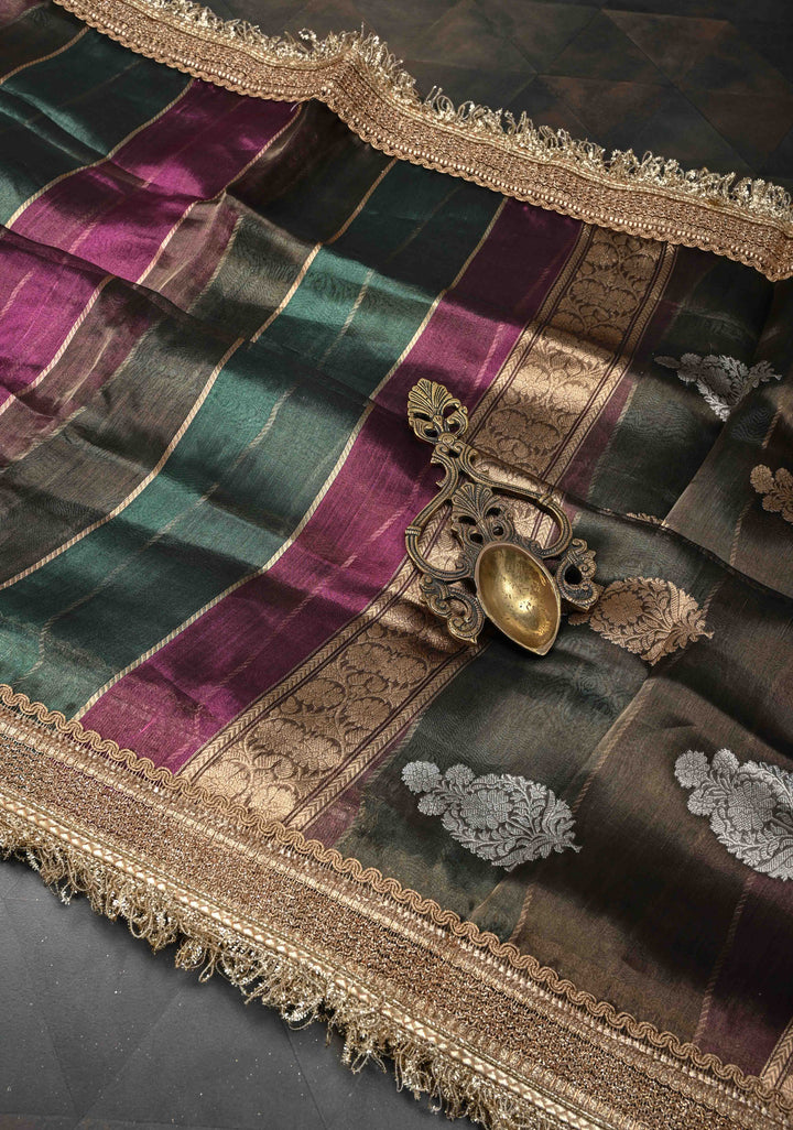 Multicolor  Organza Tissue Silk Saree with Sona Rupa Zari Buttas and Fancy Lace Trim Border | SILK MARK CERTIFIED