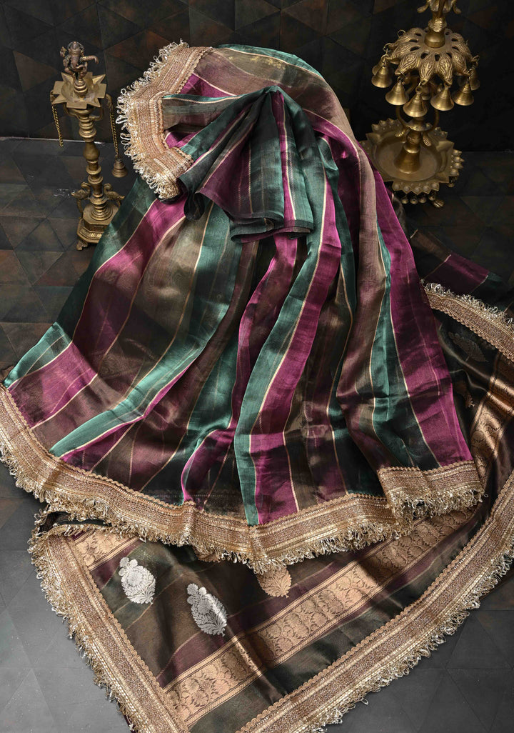 Multicolor  Organza Tissue Silk Saree with Sona Rupa Zari Buttas and Fancy Lace Trim Border | SILK MARK CERTIFIED