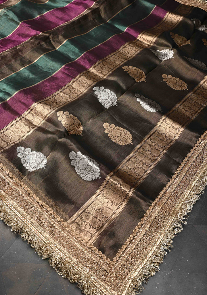 Multicolor  Organza Tissue Silk Saree with Sona Rupa Zari Buttas and Fancy Lace Trim Border | SILK MARK CERTIFIED