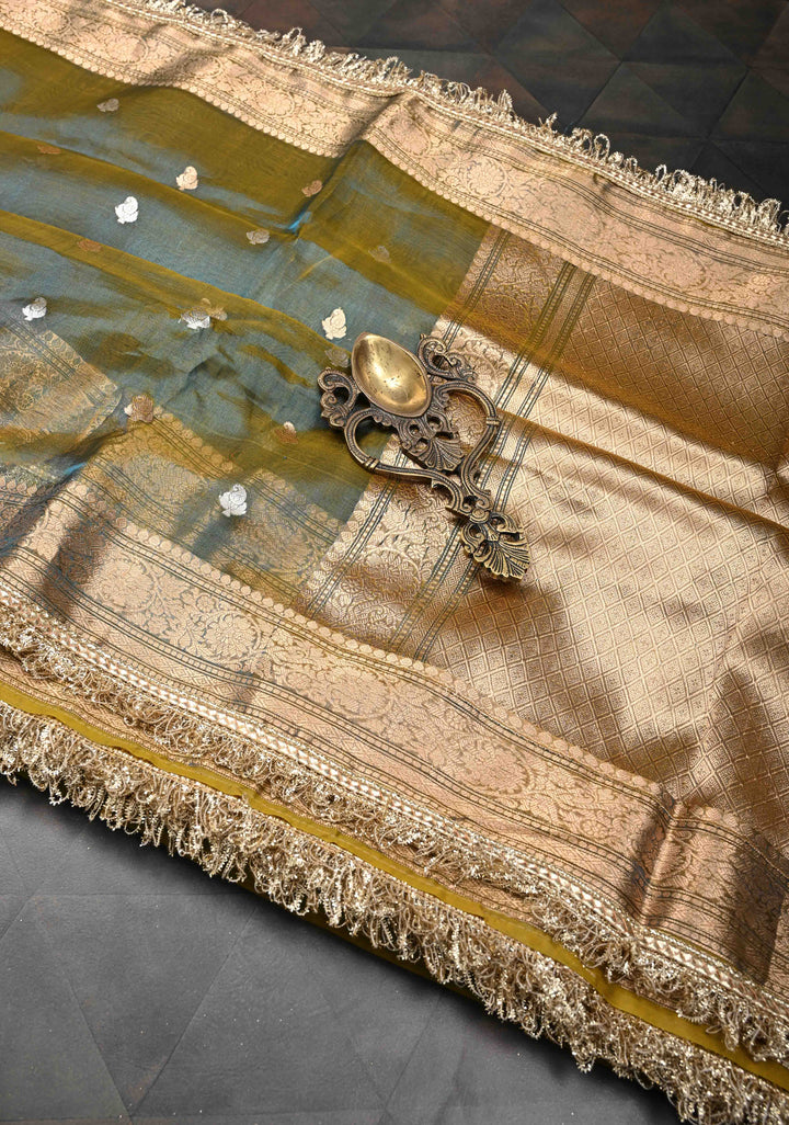 Green Dual tone Organza Silk Saree with Sona Rupa Zari Buttas and Fancy Lace Trim Border | SILK MARK CERTIFIED
