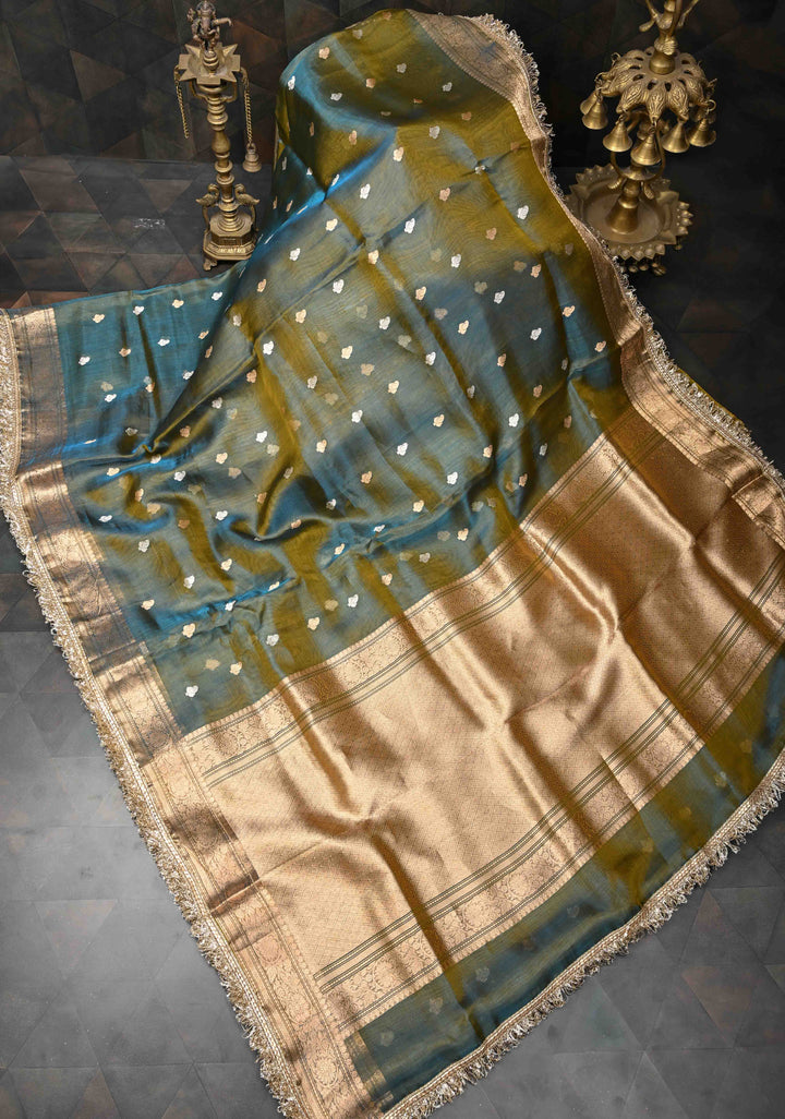 Green Dual tone Organza Silk Saree with Sona Rupa Zari Buttas and Fancy Lace Trim Border | SILK MARK CERTIFIED