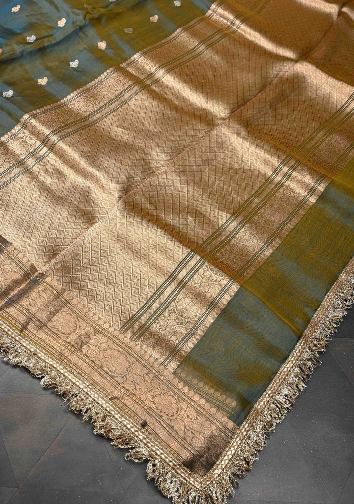 Green Dual tone Organza Silk Saree with Sona Rupa Zari Buttas and Fancy Lace Trim Border | SILK MARK CERTIFIED