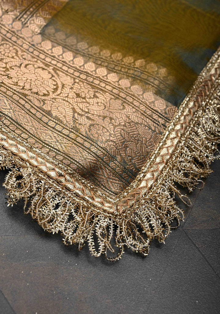 Green Dual tone Organza Silk Saree with Sona Rupa Zari Buttas and Fancy Lace Trim Border | SILK MARK CERTIFIED