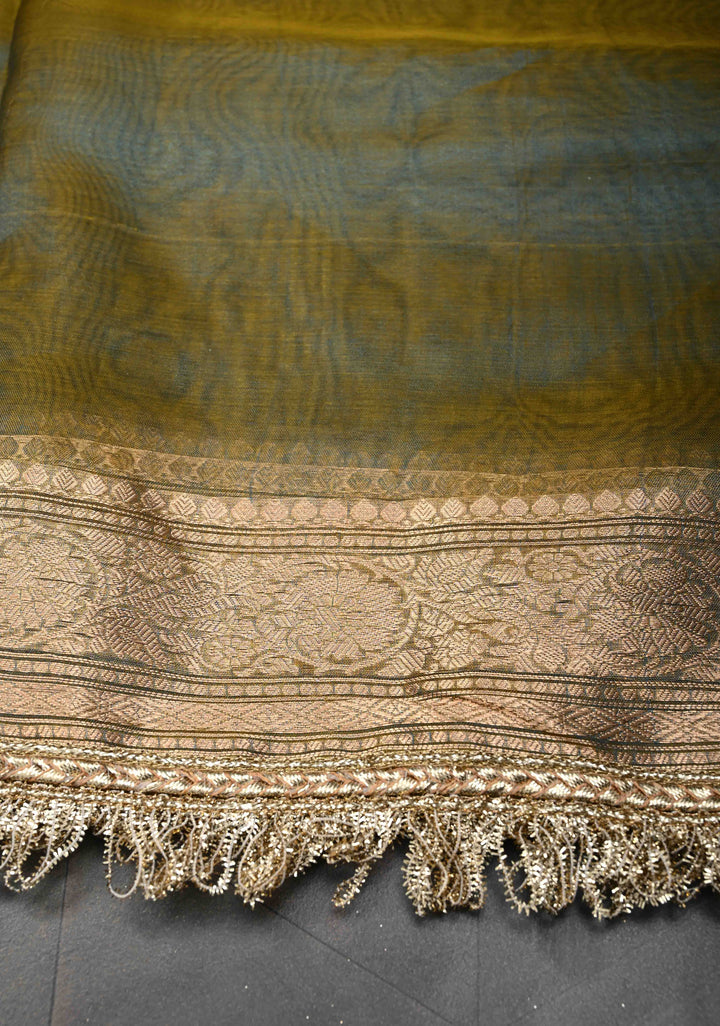 Green Dual tone Organza Silk Saree with Sona Rupa Zari Buttas and Fancy Lace Trim Border | SILK MARK CERTIFIED