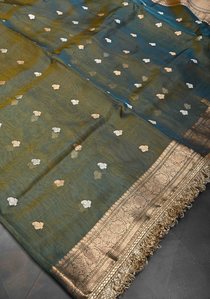 Green Dual tone Organza Silk Saree with Sona Rupa Zari Buttas and Fancy Lace Trim Border | SILK MARK CERTIFIED