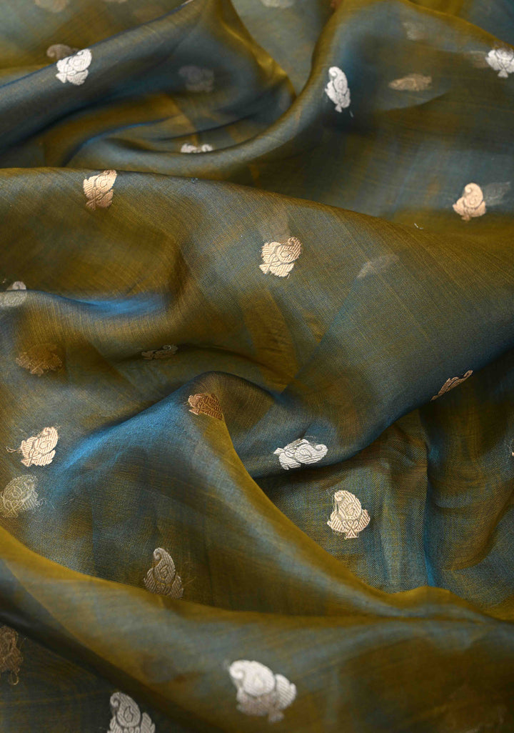 Green Dual tone Organza Silk Saree with Sona Rupa Zari Buttas and Fancy Lace Trim Border | SILK MARK CERTIFIED