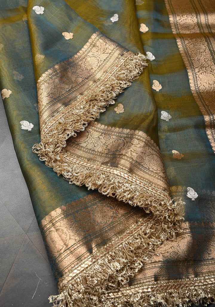 Green Dual tone Organza Silk Saree with Sona Rupa Zari Buttas and Fancy Lace Trim Border | SILK MARK CERTIFIED