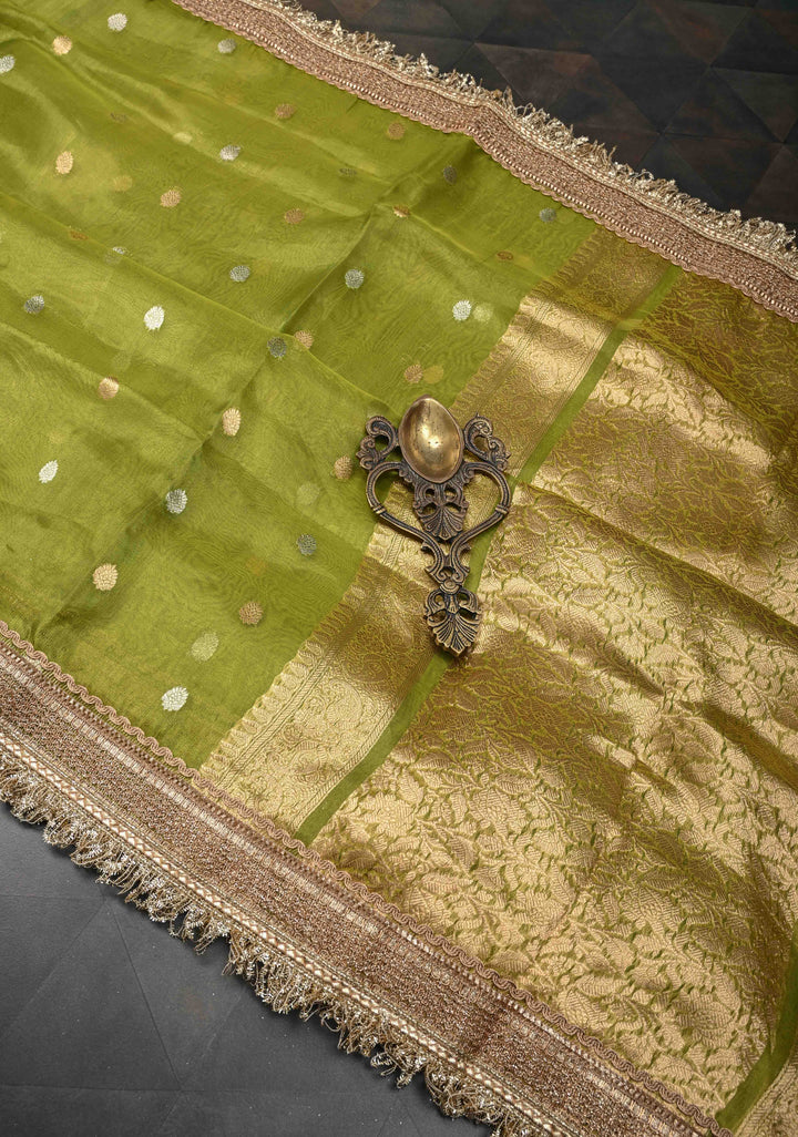 Lime Green Banarasi Pure Tissue Silk Saree with Sona Rupa Zari Buttas and Fancy Lace Trim Border | SILK MARK CERTIFIED