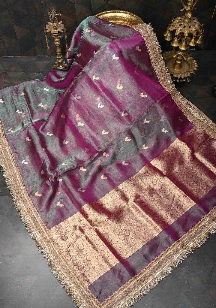 Purple Dual Tone Organza Tissue Silk Saree with Sona Rupa Buttas and Fancy Lace Trim Border | SILK MARK CERTIFIED