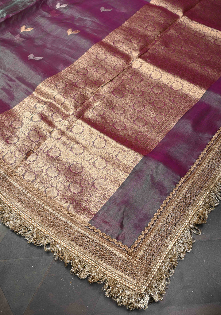Purple Dual Tone Organza Tissue Silk Saree with Sona Rupa Buttas and Fancy Lace Trim Border | SILK MARK CERTIFIED
