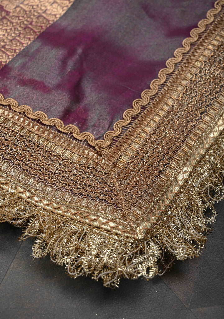 Purple Dual Tone Organza Tissue Silk Saree with Sona Rupa Buttas and Fancy Lace Trim Border | SILK MARK CERTIFIED