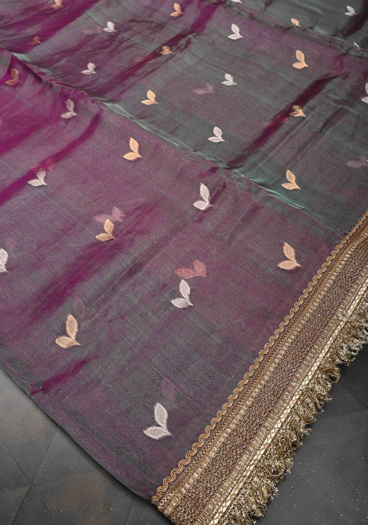 Purple Dual Tone Organza Tissue Silk Saree with Sona Rupa Buttas and Fancy Lace Trim Border | SILK MARK CERTIFIED