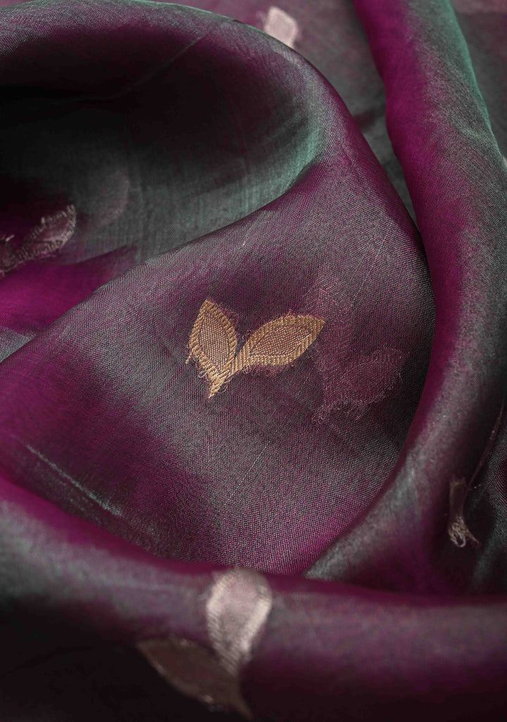 Purple Dual Tone Organza Tissue Silk Saree with Sona Rupa Buttas and Fancy Lace Trim Border | SILK MARK CERTIFIED