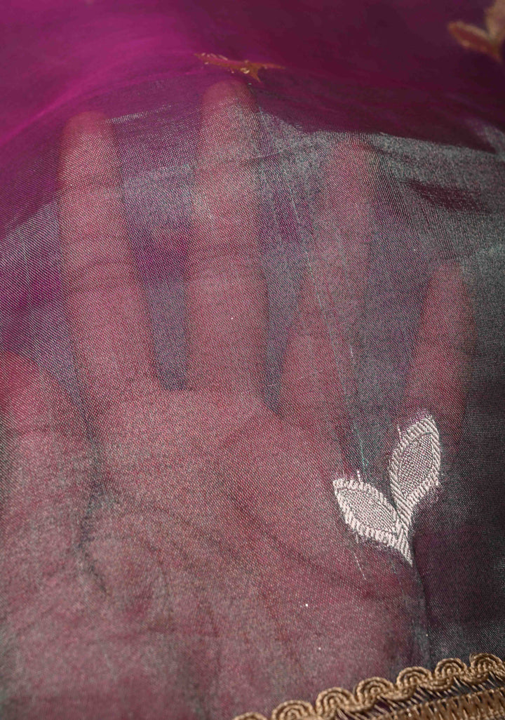 Purple Dual Tone Organza Tissue Silk Saree with Sona Rupa Buttas and Fancy Lace Trim Border | SILK MARK CERTIFIED