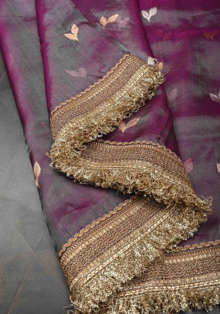 Purple Dual Tone Organza Tissue Silk Saree with Sona Rupa Buttas and Fancy Lace Trim Border | SILK MARK CERTIFIED