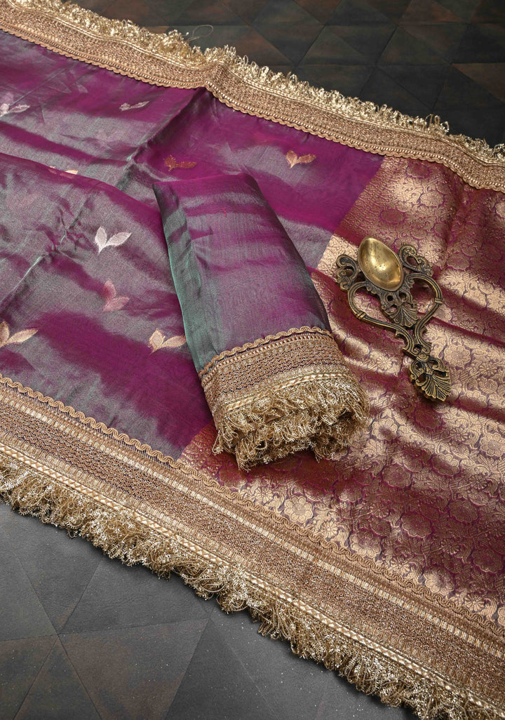 Purple Dual Tone Organza Tissue Silk Saree with Sona Rupa Buttas and Fancy Lace Trim Border | SILK MARK CERTIFIED
