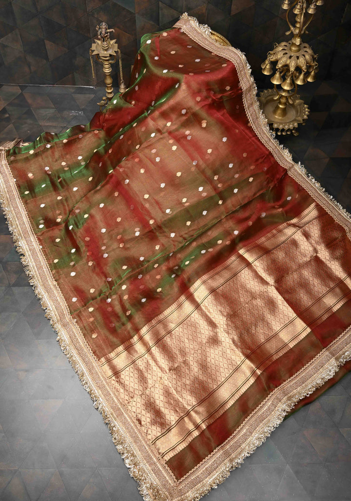 Maroon Dual tone Organza Tissue Silk Saree with Sona Rupa Zari Buttas and Fancy Lace Trim Border | SILK MARK CERTIFIED