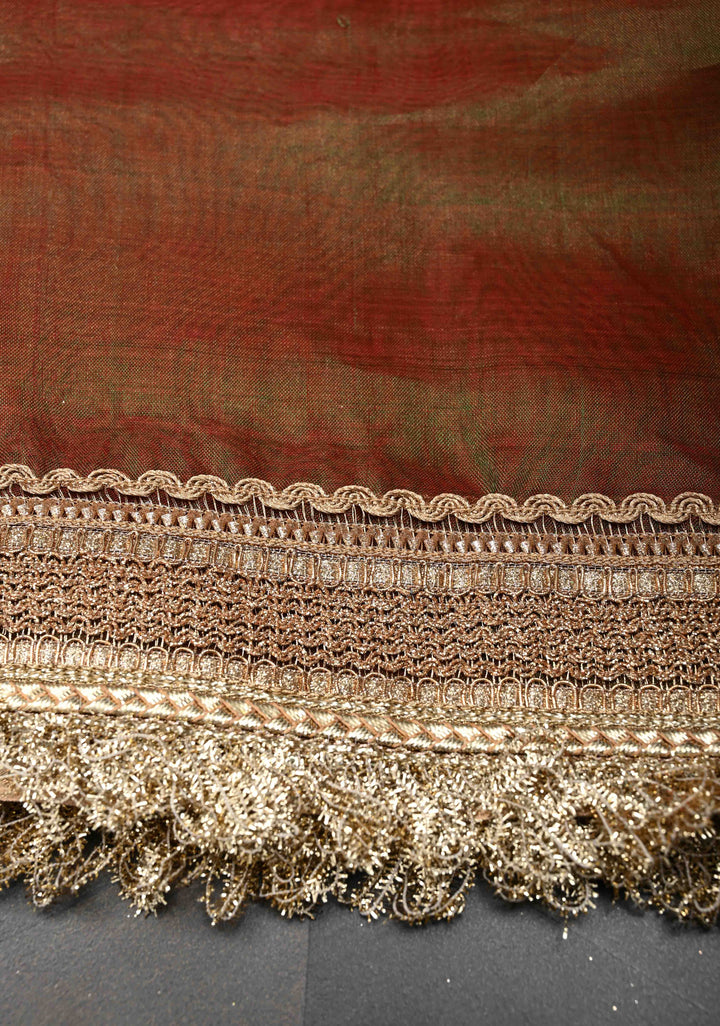 Maroon Dual tone Organza Tissue Silk Saree with Sona Rupa Zari Buttas and Fancy Lace Trim Border | SILK MARK CERTIFIED
