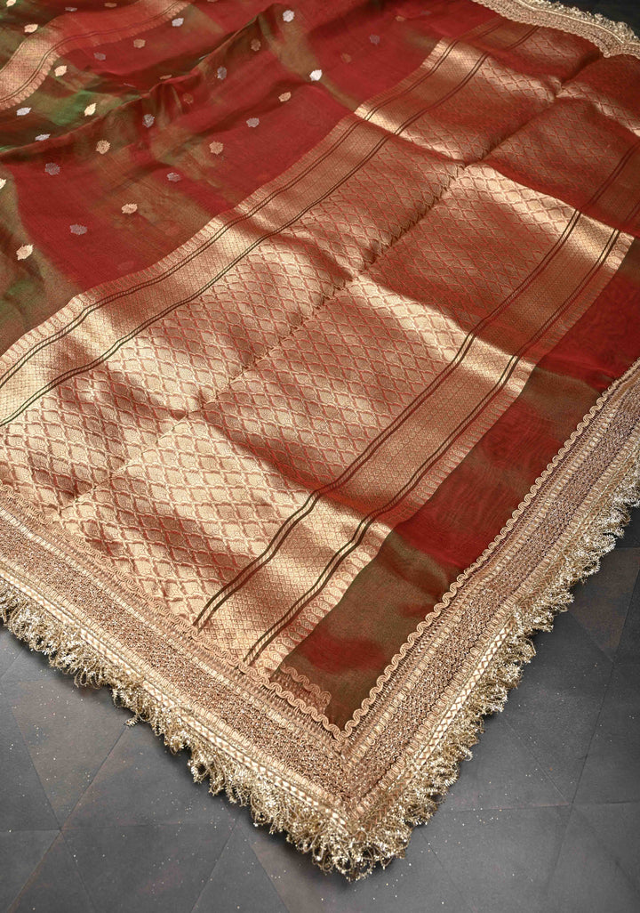 Maroon Dual tone Organza Tissue Silk Saree with Sona Rupa Zari Buttas and Fancy Lace Trim Border | SILK MARK CERTIFIED