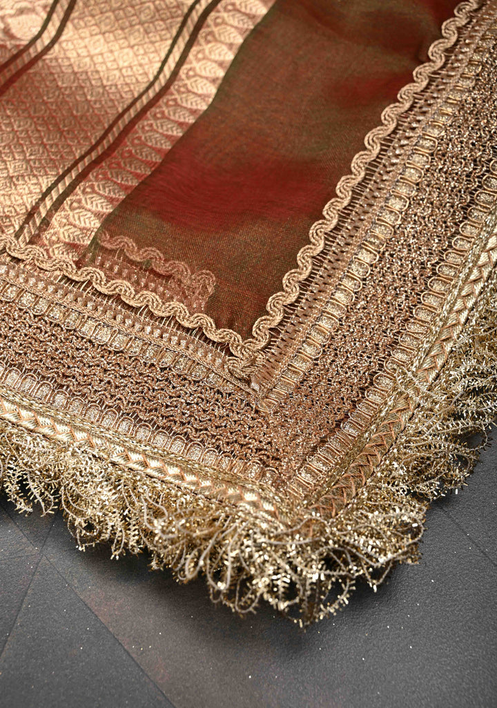 Maroon Dual tone Organza Tissue Silk Saree with Sona Rupa Zari Buttas and Fancy Lace Trim Border | SILK MARK CERTIFIED