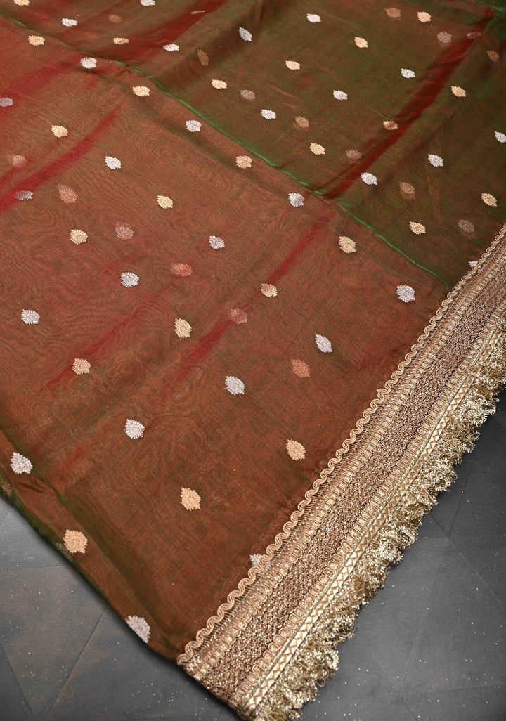 Maroon Dual tone Organza Tissue Silk Saree with Sona Rupa Zari Buttas and Fancy Lace Trim Border | SILK MARK CERTIFIED