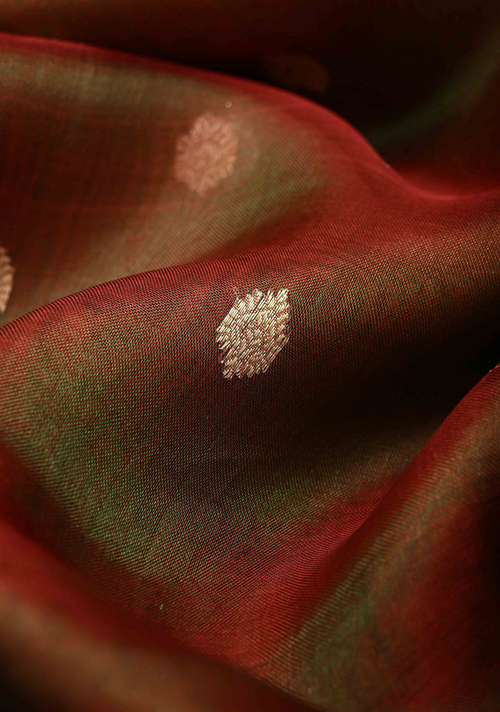 Maroon Dual tone Organza Tissue Silk Saree with Sona Rupa Zari Buttas and Fancy Lace Trim Border | SILK MARK CERTIFIED